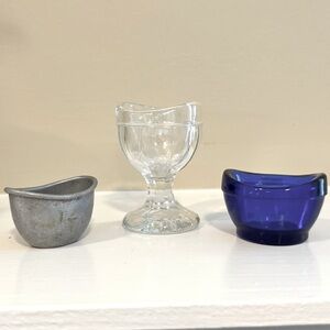 Vintage Eye Wash Cups Set of Three Clear Blue Silver Metal Glass Apothecary